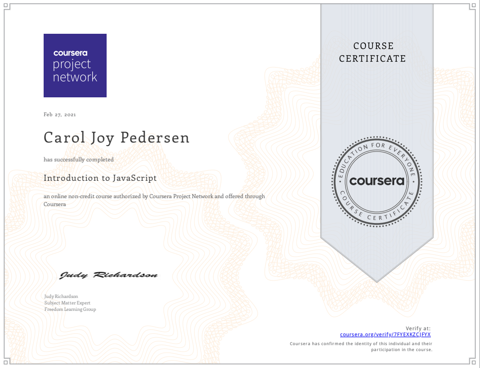 Introduction to Javascript Guided Project Certificate